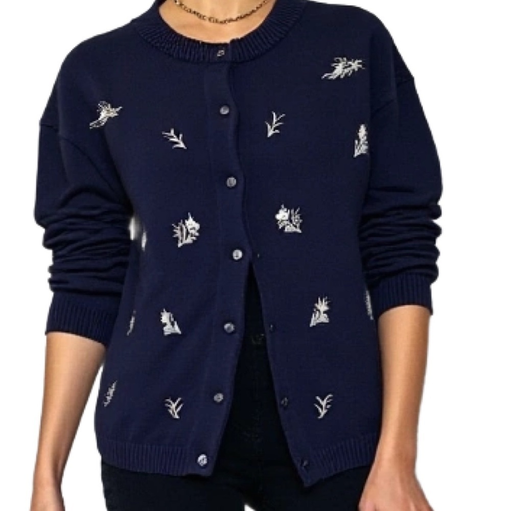 Vintage Northern Reflections Navy Cardigan with White Leaf Embroidery Size M